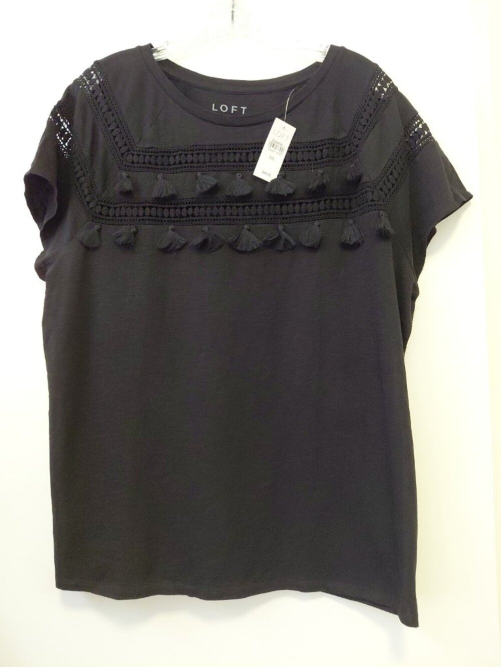 Loft Womens Top Tassel Accent Short Sleeve Black 2X NWT Crochet Detail NWT